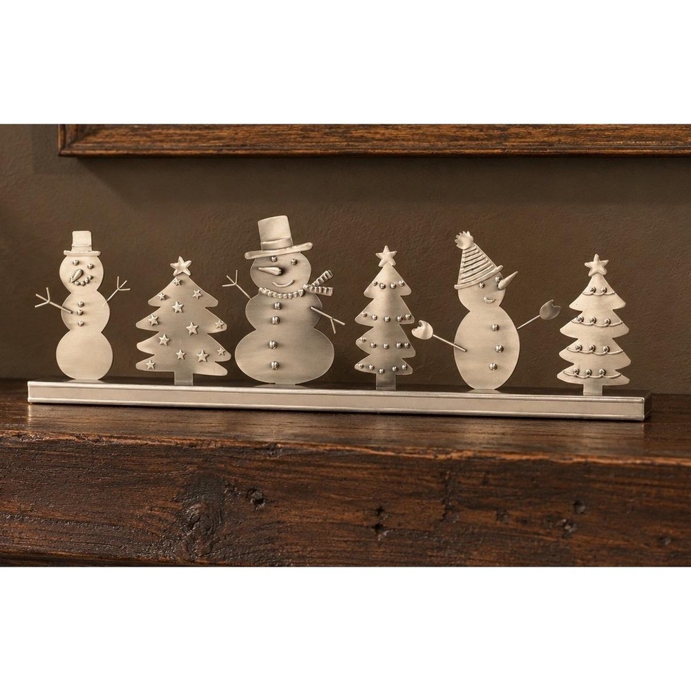 VTG Hallmark Holiday Card & Photo Brushed Metal Display Stand Snowman & Trees